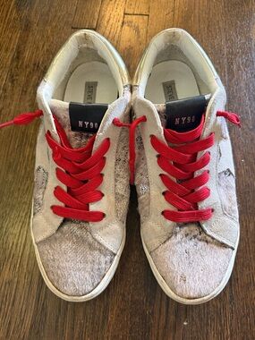 Steve Madden Beige Pony Hair Sneakers with Red Laces